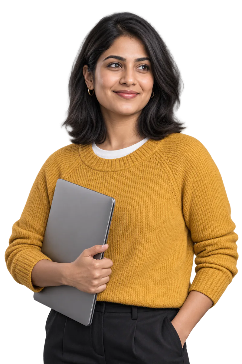 Smiling woman in a mustard sweater holding a closed laptop at her side