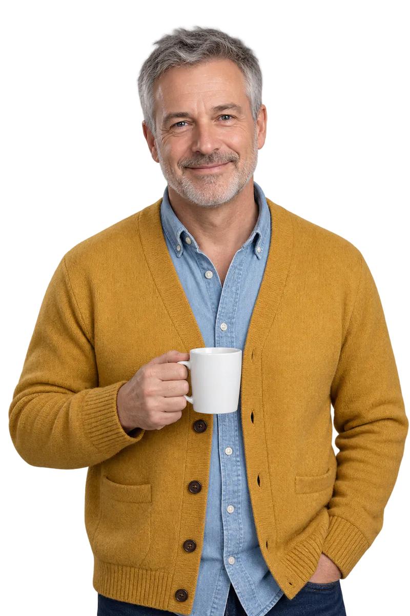 Grey-haired man in a mustard cardigan and denim shirt holding a white coffee mug