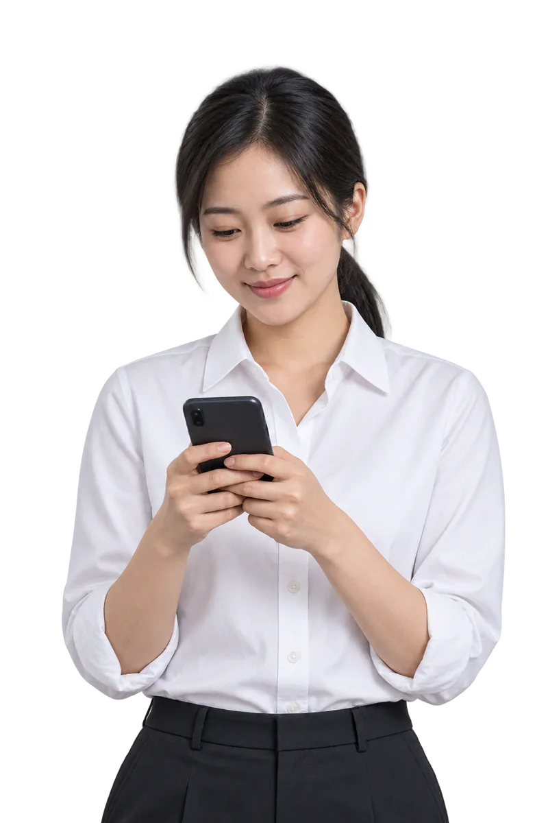 Woman in a white shirt smiling down at a smartphone held in both hands