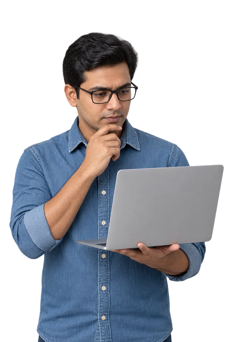 Man in glasses and a denim shirt studying an open laptop, hand on his chin