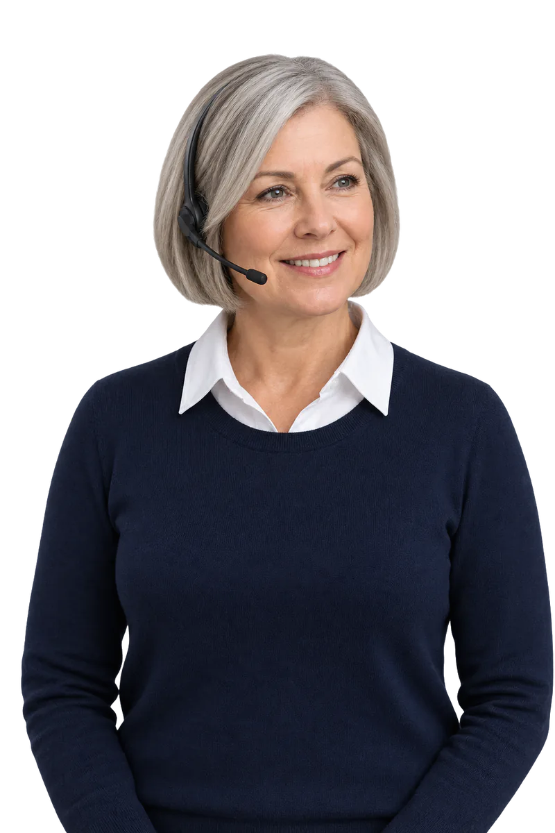 Woman with a silver bob wearing a headset and a navy sweater over a white collar, smiling