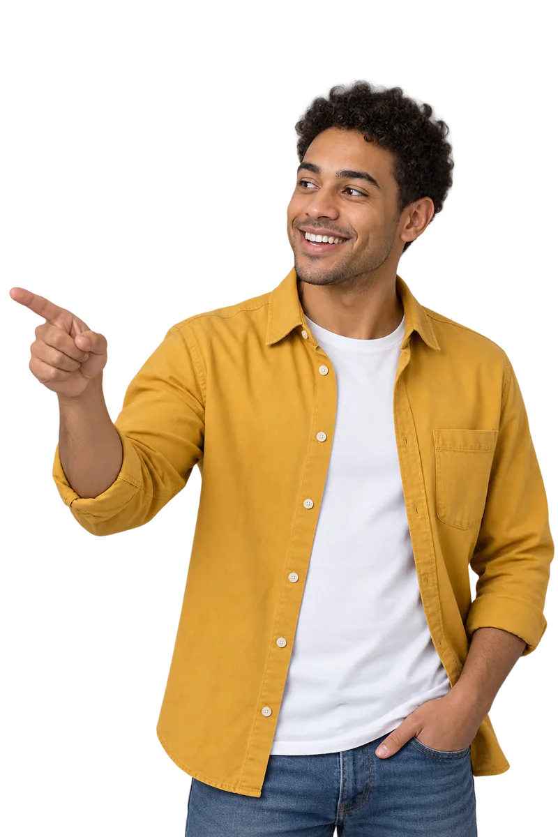 Young man in a mustard overshirt and white t-shirt pointing to the side, smiling