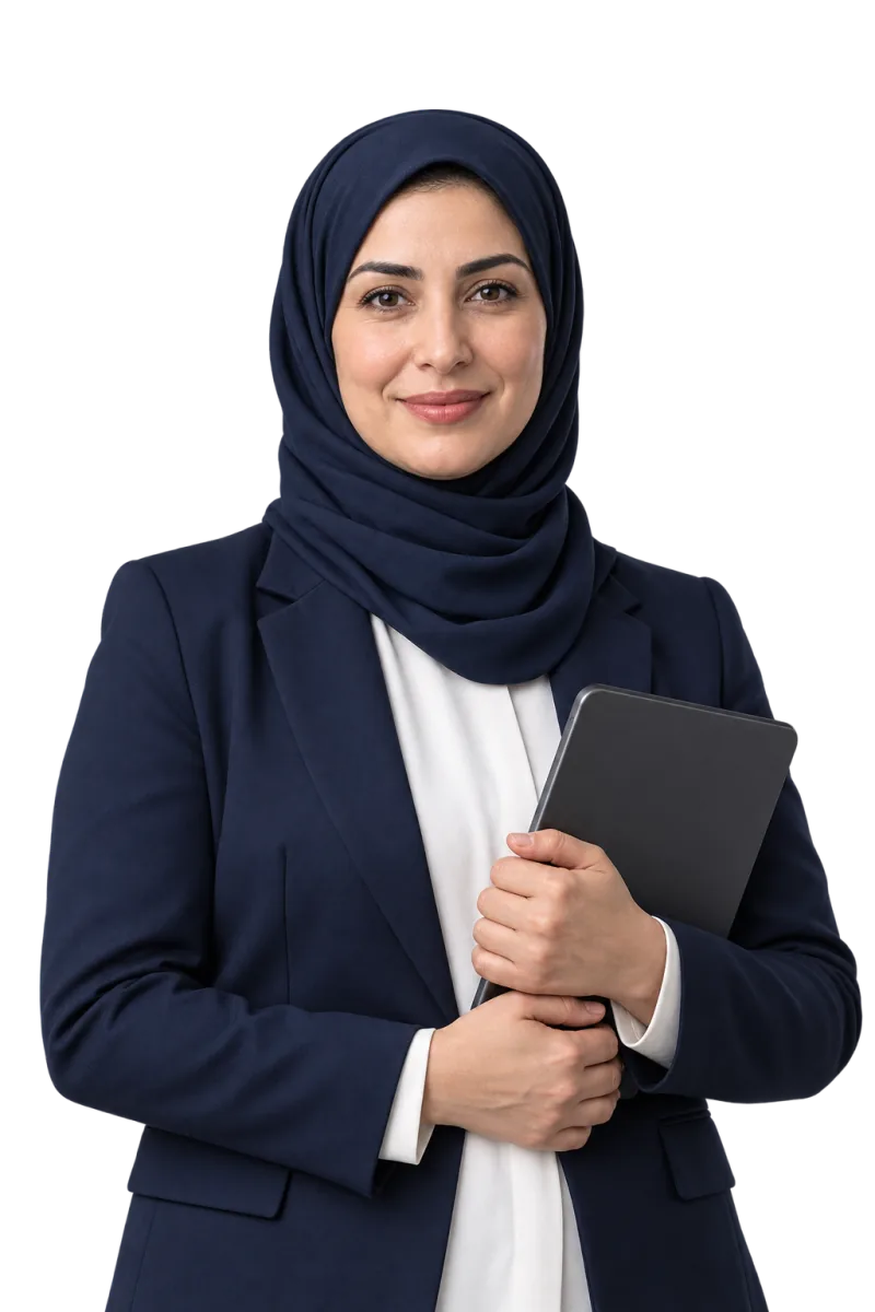 Woman in a navy hijab and navy blazer holding a dark tablet against her chest, smiling at the camera