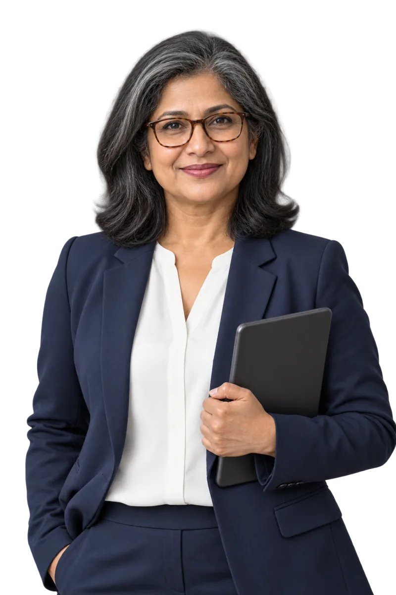 Woman with grey-streaked hair and tortoiseshell glasses in a navy blazer, holding a tablet at her side