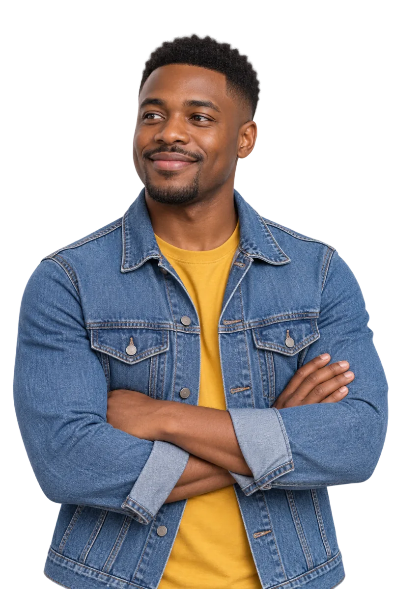 Young man in a denim jacket over a mustard t-shirt, arms crossed, smiling and looking to the side