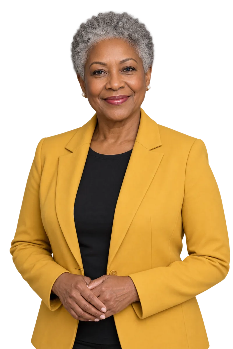 Woman with short silver curly hair in a mustard blazer, hands clasped, smiling at the camera