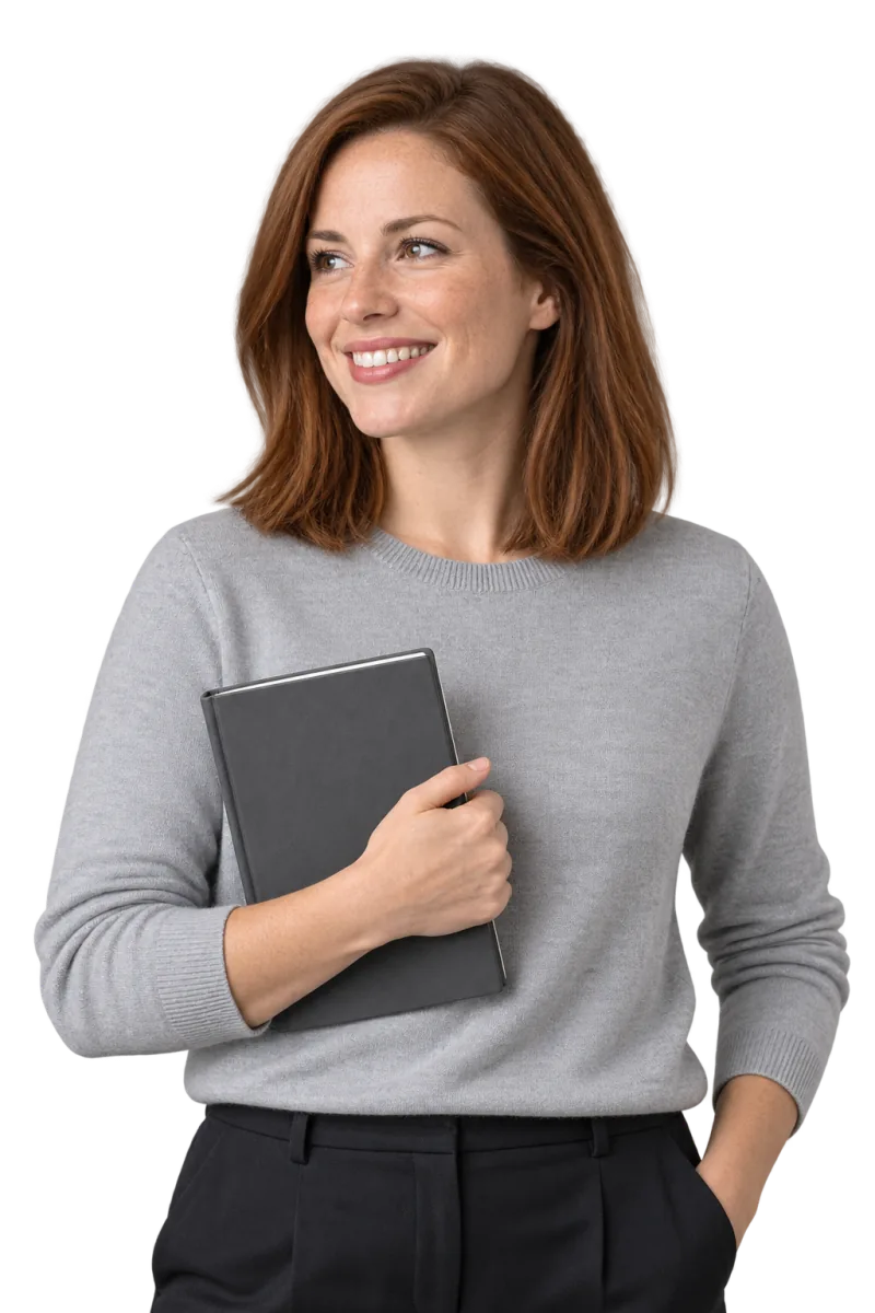 Woman with auburn hair in a grey sweater holding a notebook, smiling and looking to the side